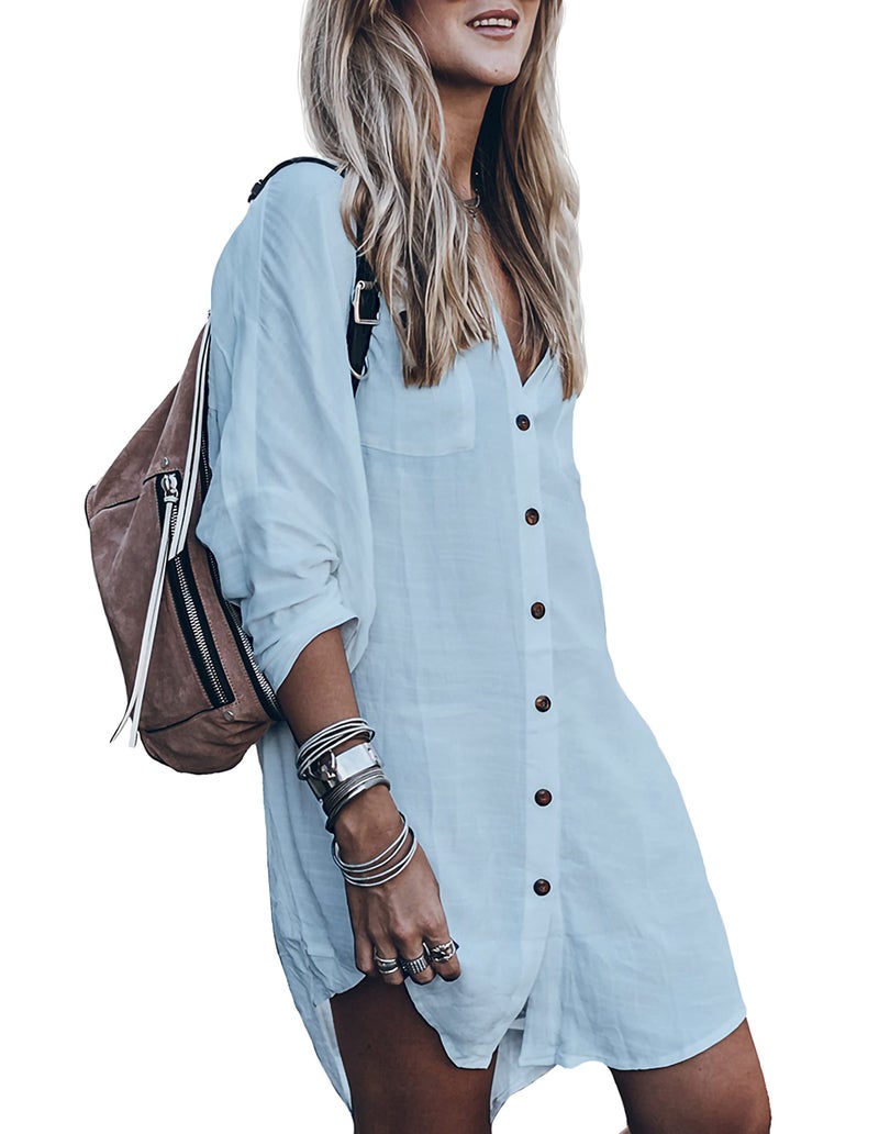 Zoye Chen Womenâ€™s Swimsuit Cover up,Silky Button Down Shirt Midi Dress Kimono,Summer Bathing Suit Beach Coverups for Women (CP-Aline) (Sky Blue, Medium) - Image 1